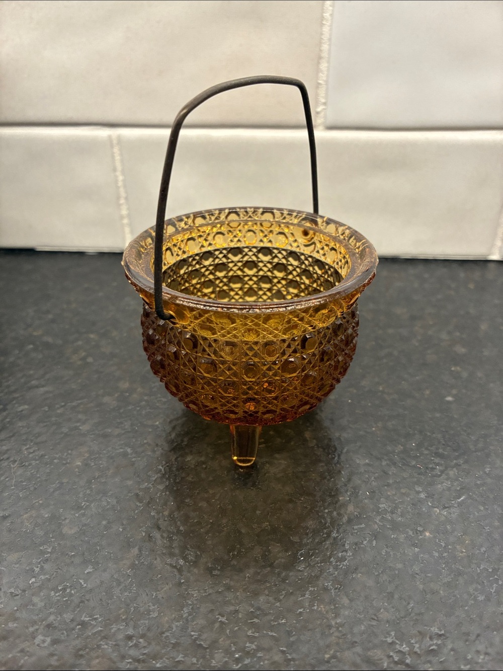 Cauldron amber glass toothpick holder vintage Fenton